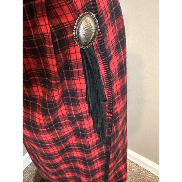 S.H.E. Southwestern Red Black Plaid Cotton Long Skirt Women’s 8 Leather Trim  C5 - Picture 2 of 10